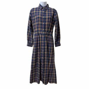 Vintage LL Bean Womens Cotton Scotch Plaid Flannel Maxi Dress Size 6P * Blue 90s
